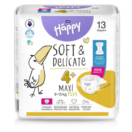 Pieluszki Bella Happy 4+ Maxi Plus z dynamicznymi kanałami 9-15 kg